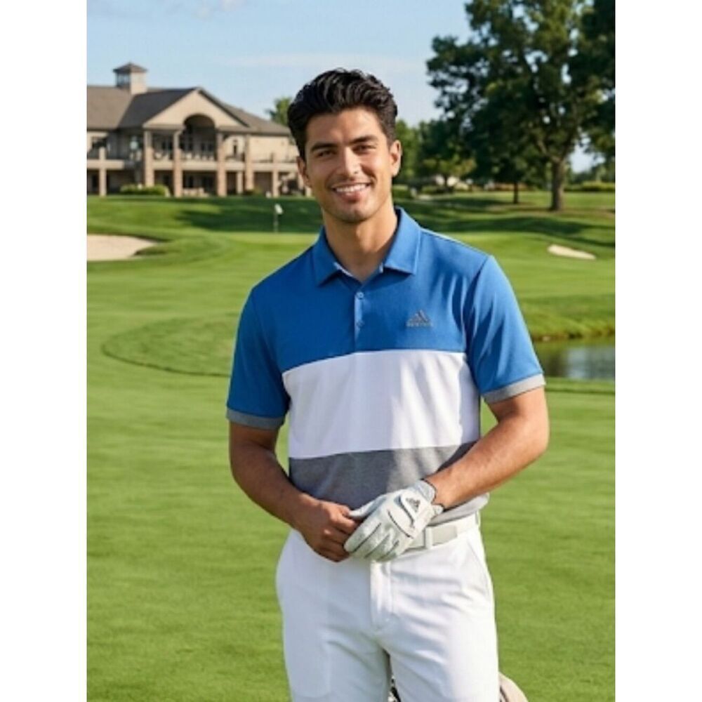 Adidas Golf Polo Sz L Colorblock Blue/Gray/White